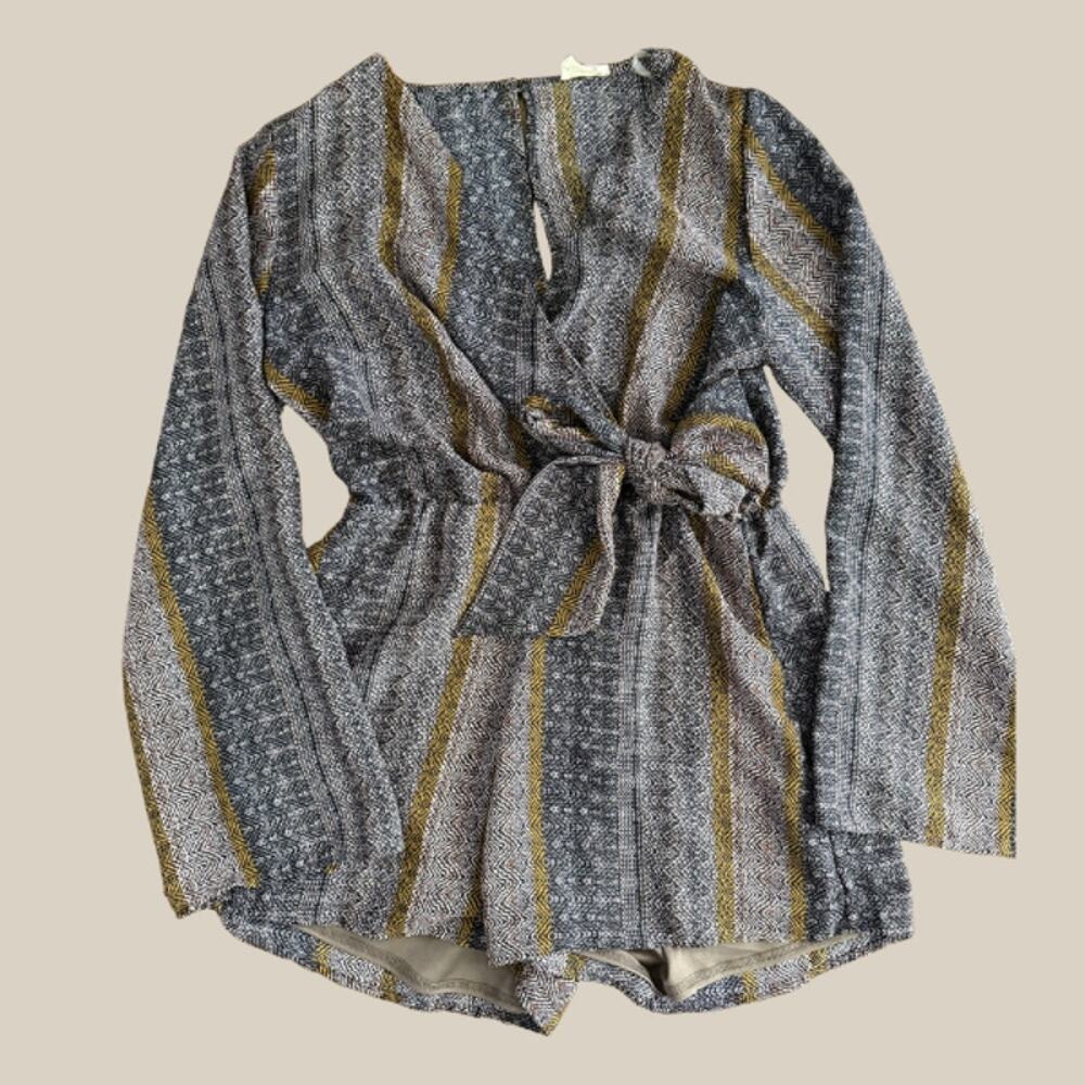 Peach Love California Boho Tribal Print Bell Sleeve Tie Waist Romper